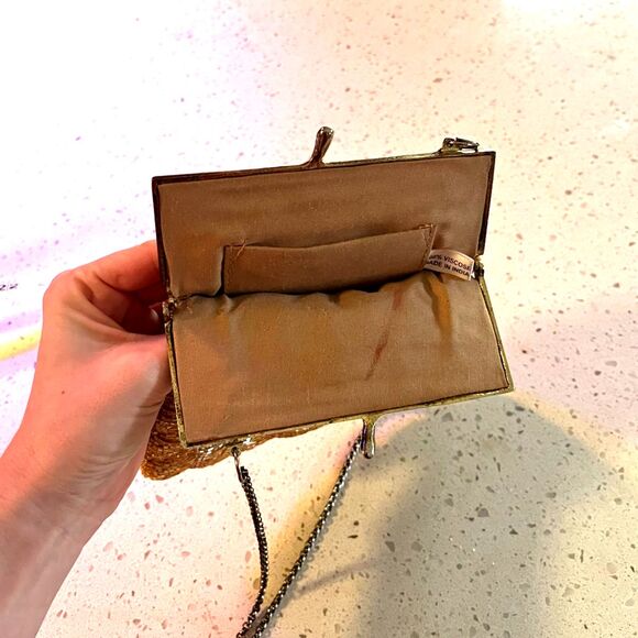 Vintage Beaded Evening Bag Gold Bronze Glass Beads Chain Strap - Picture 5 of 8